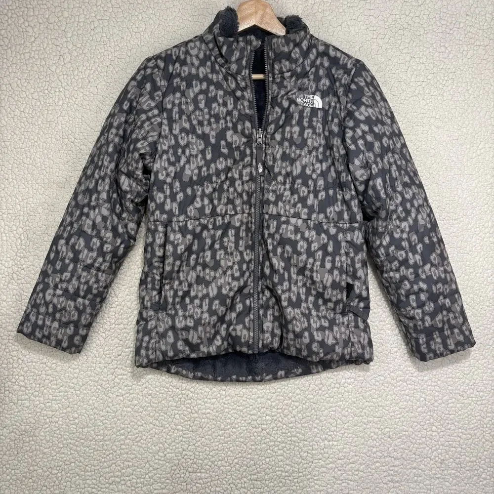 North Face Girls L (14/16) Mossbud Swirl Reversible Jacket Leopard Gray Fuzzy